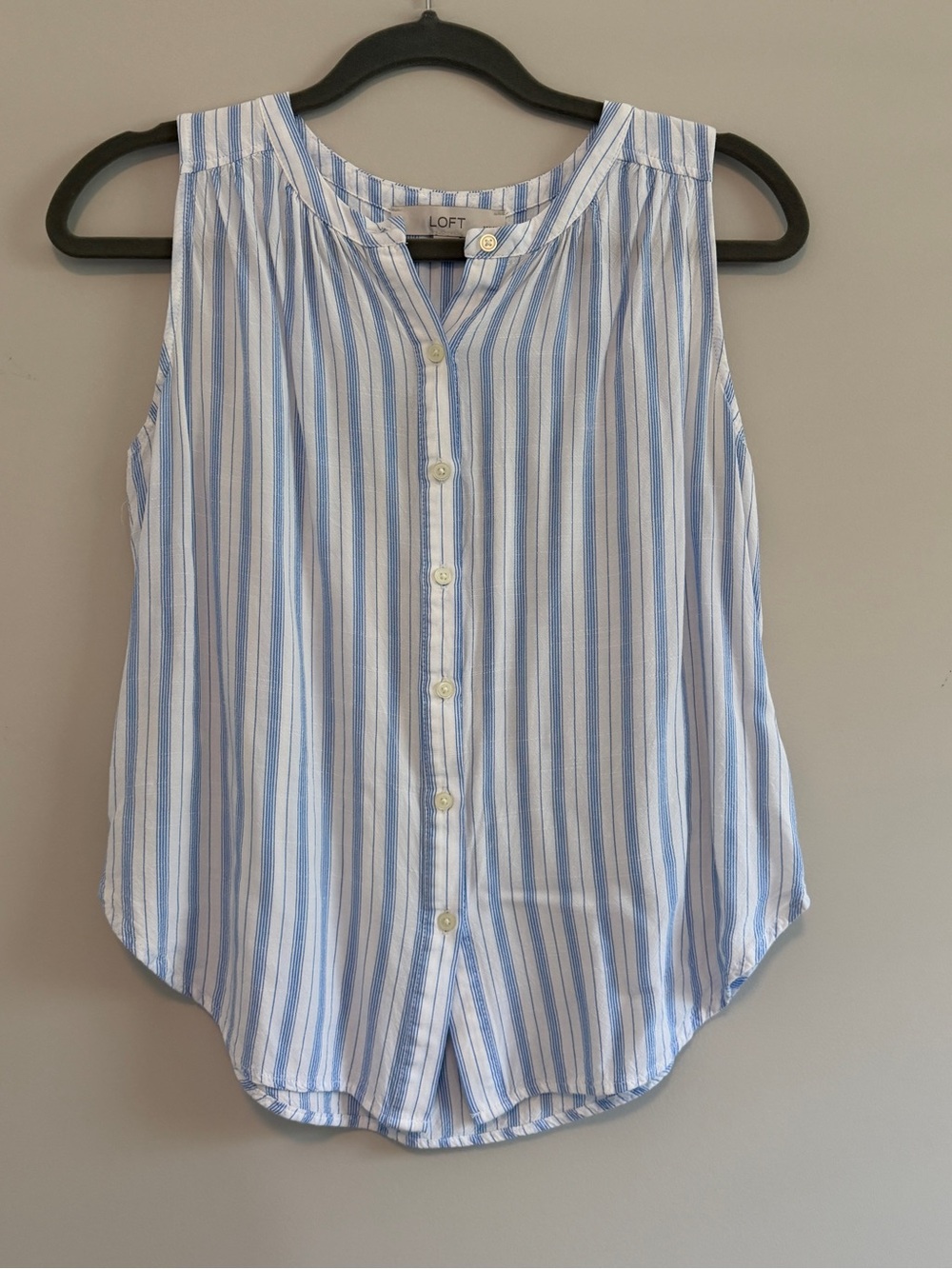 LOFT Light Blue and White Striped Sleeveless Button-Down Top